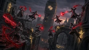 Illustration de The Duskbloods montrant huit Bloodsworn en combat PvPvE dans la cité gothique de Lawanro City sur Nintendo Switch 2