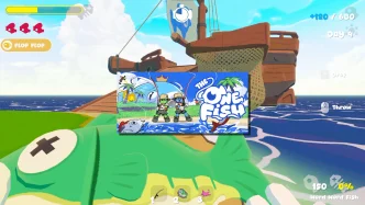 Illustration du jeu The One Fish montrant des joueurs en train de pêcher des poissons aux effets spéciaux pour nourrir une créature géante en mode coopératif