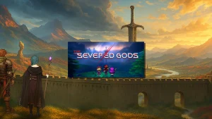 The Severed Gods : héros marqués affrontant un Titan colossal dans un combat tactique tour par tour avec mécanique Sever de démembrement, style HD-2D dark fantasy