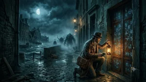 Un détective occulte éclaire une porte gravée de symboles dans une ruelle inondée d’Arkham, avec des créatures lovecraftiennes dans la brume.
