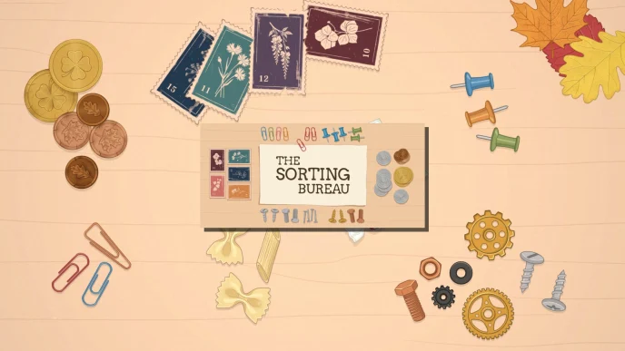 Illustration de The Sorting Bureau avec pièces, timbres, trombones, punaises et engrenages à trier autour du logo du jeu