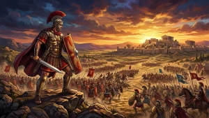 Légionnaire romain en armure rouge et or brandissant un glaive surplombant une bataille antique, illustration Total War: ROME REMASTERED