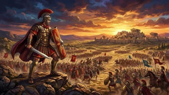 Légionnaire romain en armure rouge et or brandissant un glaive surplombant une bataille antique, illustration Total War: ROME REMASTERED