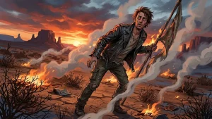 Illustration éditoriale d’un personnage fictif inspiré de Trevor Philips dans GTA 5, face à un décor désertique en flammes.