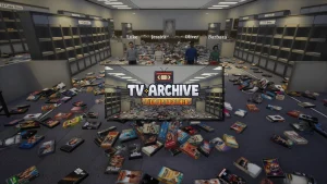 Illustration de TV Archive: Tidy Up Together montrant une archive télévisée rétro remplie de cassettes VHS à trier et à ranger.