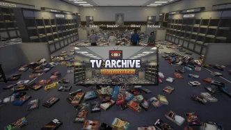 Illustration de TV Archive: Tidy Up Together montrant une archive télévisée rétro remplie de cassettes VHS à trier et à ranger.