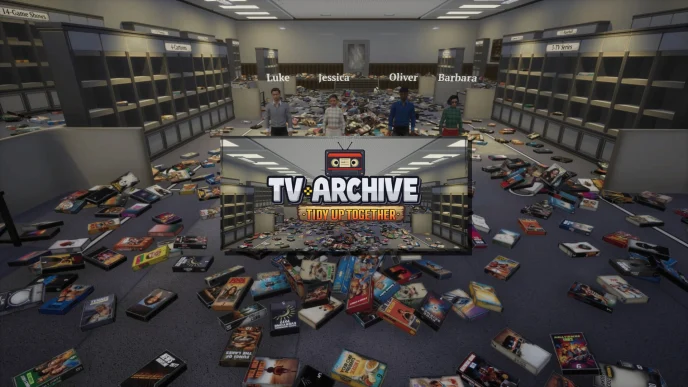 Illustration de TV Archive: Tidy Up Together montrant une archive télévisée rétro remplie de cassettes VHS à trier et à ranger.