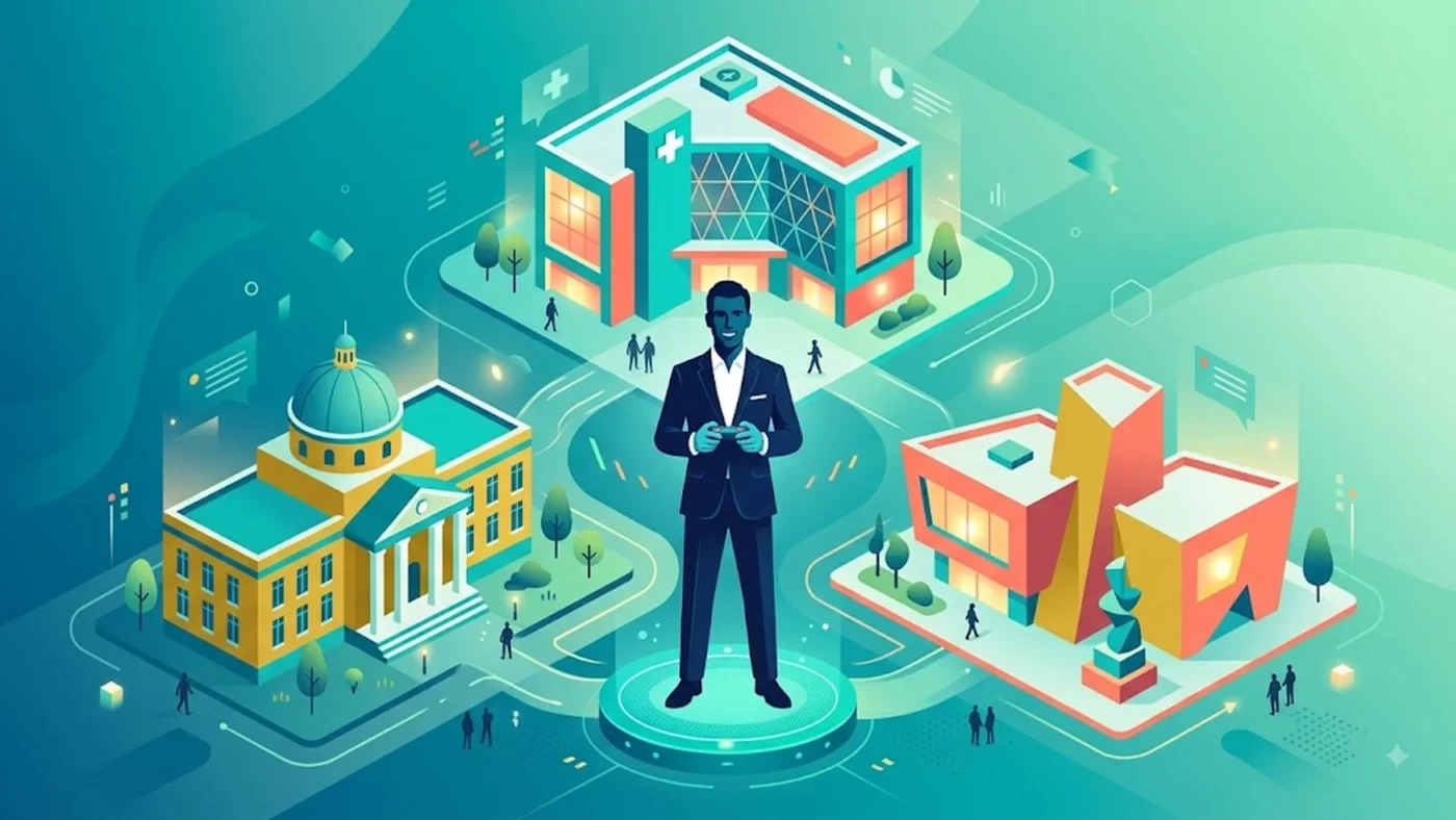 Illustration représentant les trois jeux Two Point Hospital, Campus et Museum avec un développeur britannique, symbolisant la renaissance des jeux de gestion par Two Point Studios