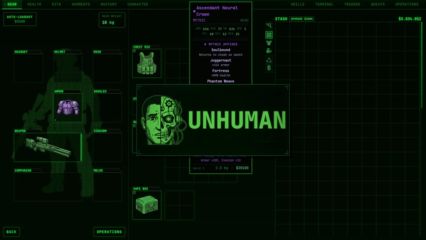 Écran d'inventaire d'UNHUMAN affichant l'équipement cyberpunk, une arme, une armure, un coffre sécurisé et un objet mythique.