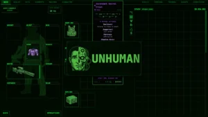 Écran d'inventaire d'UNHUMAN affichant l'équipement cyberpunk, une arme, une armure, un coffre sécurisé et un objet mythique.