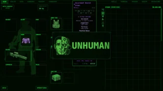 Écran d'inventaire d'UNHUMAN affichant l'équipement cyberpunk, une arme, une armure, un coffre sécurisé et un objet mythique.
