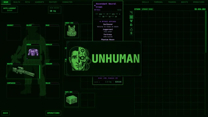 Écran d'inventaire d'UNHUMAN affichant l'équipement cyberpunk, une arme, une armure, un coffre sécurisé et un objet mythique.