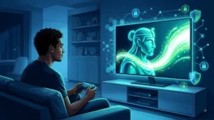 Joueur adulte devant une console générique, avec un profil numérique validé par un bouclier lumineux