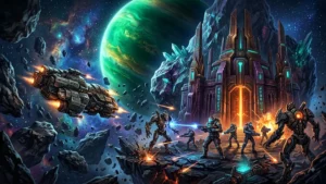 Vaisseau spatial et explorateurs futuristes explorant les ruines extraterrestres de Void War The Jewel Worlds