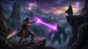 Guerrière lançant un sort violet dans un monde ouvert dark fantasy, avec une sorcière mystérieuse en arrière-plan
