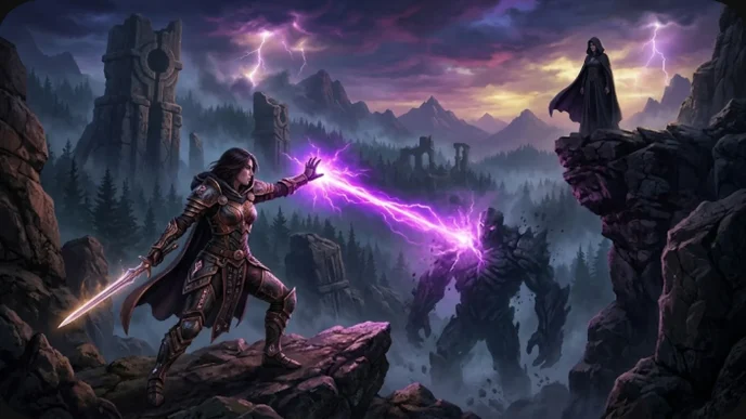 Guerrière lançant un sort violet dans un monde ouvert dark fantasy, avec une sorcière mystérieuse en arrière-plan