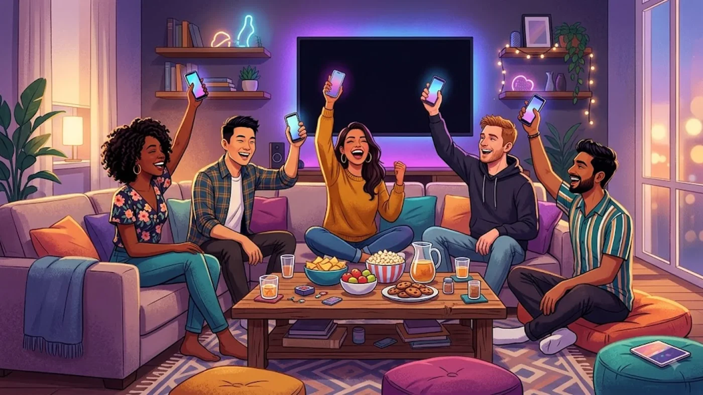 Illustration d'un groupe d'amis jouant à What Do You Meme jeu vidéo en soirée, smartphones en main, ambiance party game multijoueur humoristique