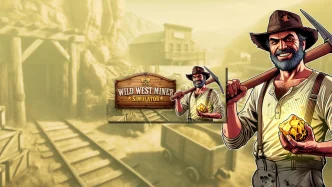 Illustration de Wild West Miner Simulator montrant une ville minière du Far West avec une mine, des bâtiments et des montagnes désertiques.