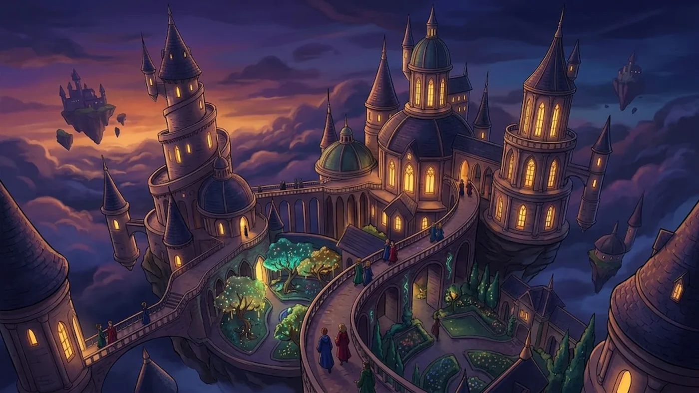 Illustration d'un château magique flottant avec tours spirales et étudiants en robes colorées représentant Wizdom Academy, jeu de gestion magique sur Steam