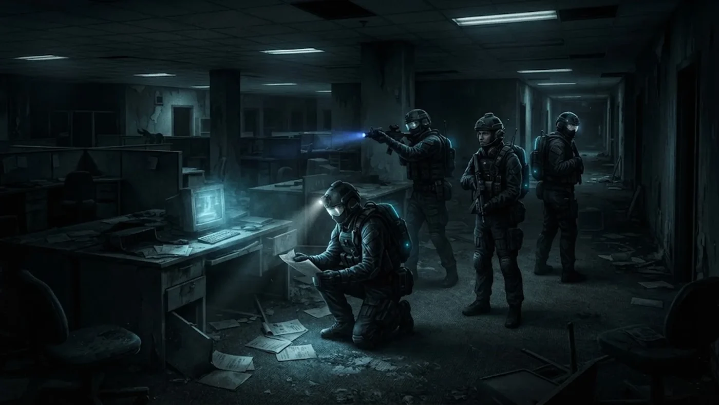 Une equipe explorant un bureau liminaire pour illustrer le test du jeu Anomaly Company sur PC.