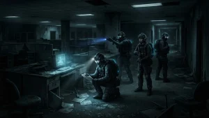 Une equipe explorant un bureau liminaire pour illustrer le test du jeu Anomaly Company sur PC.