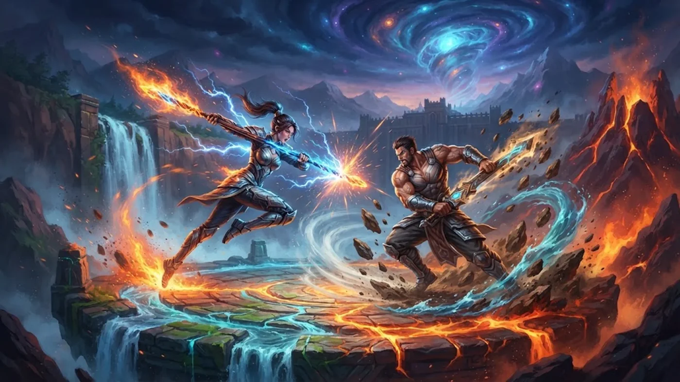 Deux combattants dans une arène pour illustrer le test et les avis du jeu Avatar Legends The Fighting Game sur PC.