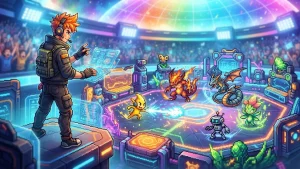 Des creatures et un dresseur dans une arene pour illustrer le jeu Batomon Showdown.
