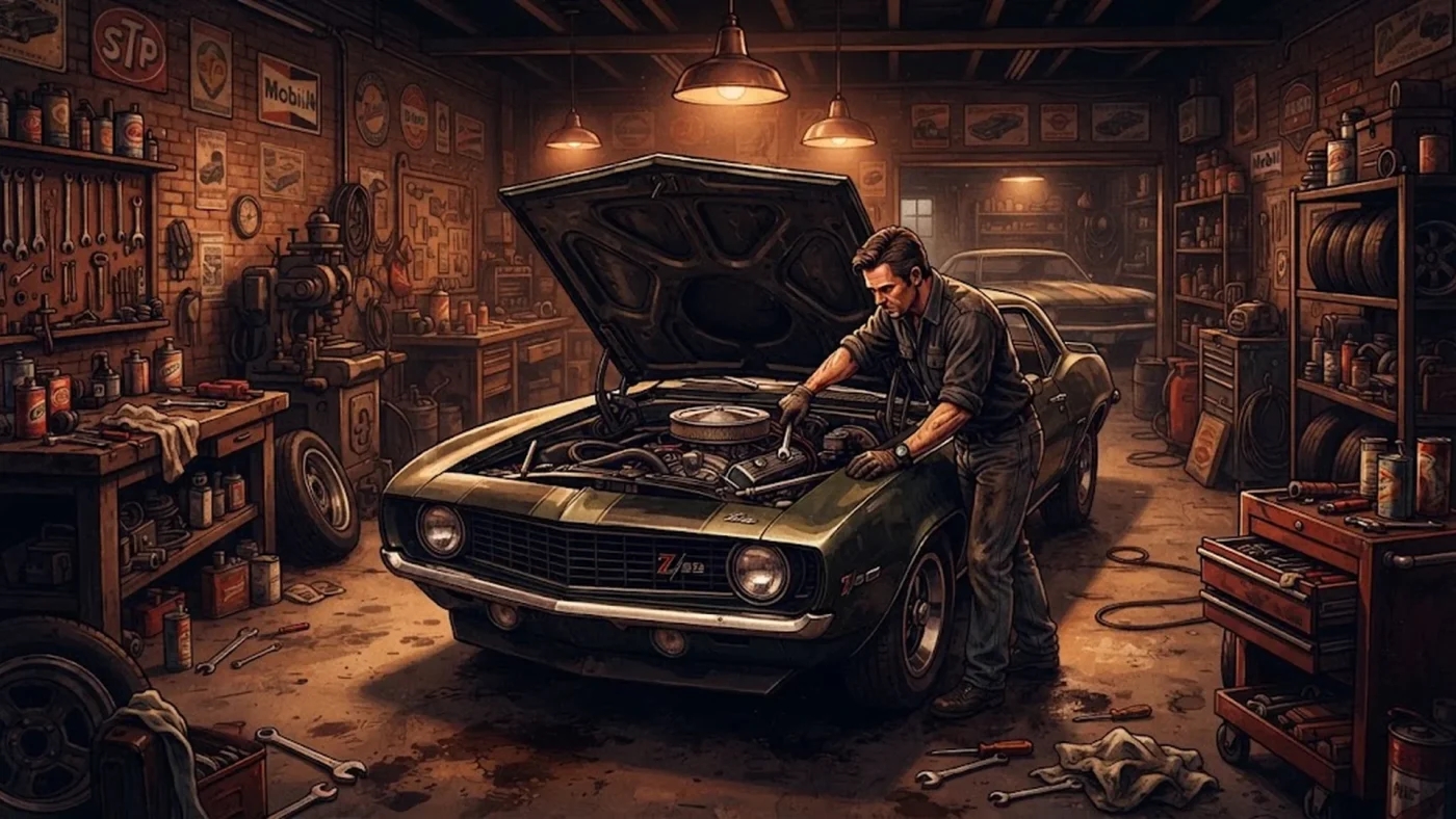 Un mécanicien prépare une voiture classique dans le garage du jeu Breakout Garage sur PC.