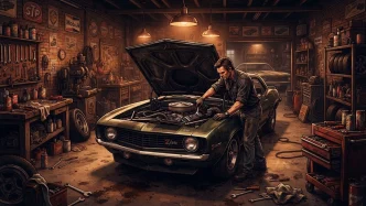 Un mécanicien prépare une voiture classique dans le garage du jeu Breakout Garage sur PC.