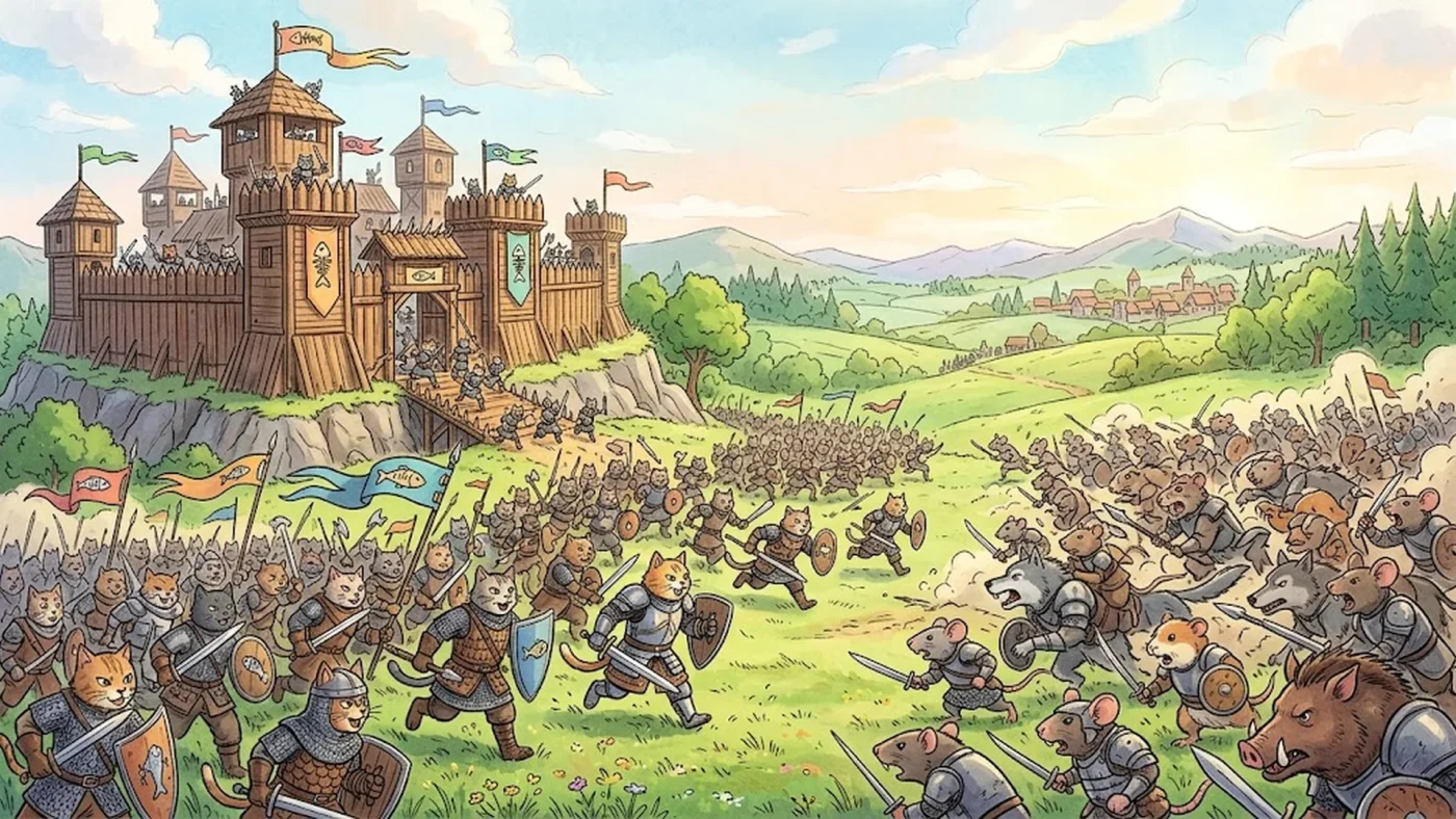Chats guerriers attaquant une forteresse ennemie dans le jeu de stratégie Claws Of Power.