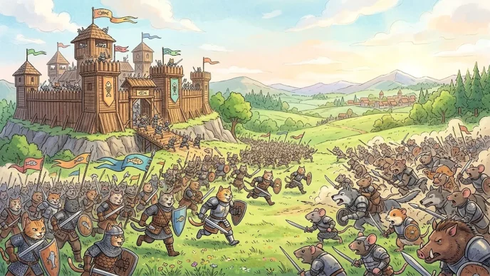 Chats guerriers attaquant une forteresse ennemie dans le jeu de stratégie Claws Of Power.