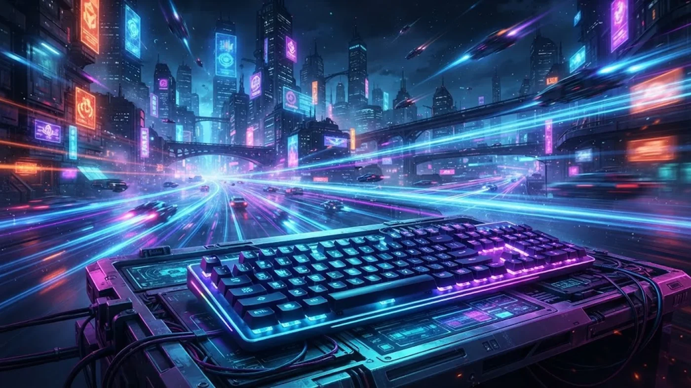 Un clavier lumineux et des trainees de vitesse pour illustrer Code Velocity sur PC.