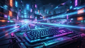 Un clavier lumineux et des trainees de vitesse pour illustrer Code Velocity sur PC.