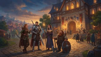 Des héros fantastiques devant une guilde pour illustrer le test et les avis du jeu Creator Chronicles sur PC.