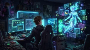 Un joueur face à son écran d'ordinateur hanté par une entité numérique dans le jeu d'enquête CyberGhitch.