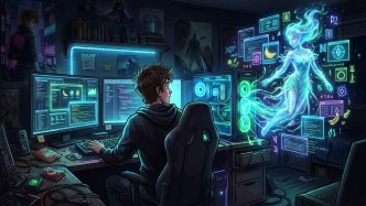 Un joueur face à son écran d'ordinateur hanté par une entité numérique dans le jeu d'enquête CyberGhitch.