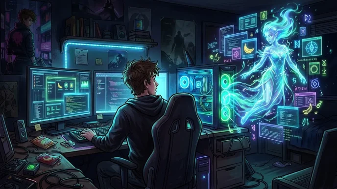 Un joueur face à son écran d'ordinateur hanté par une entité numérique dans le jeu d'enquête CyberGhitch.