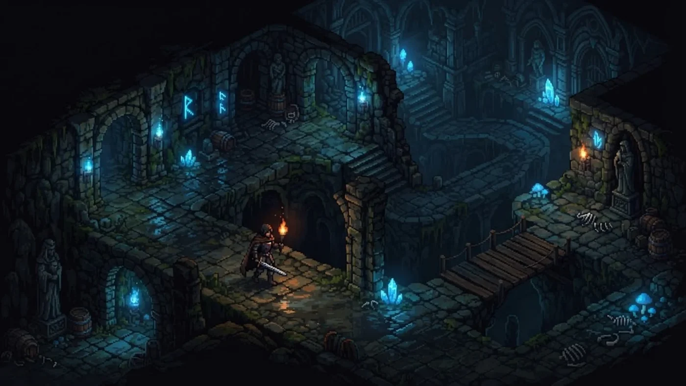 Un aventurier explorant un donjon isométrique pour illustrer la présentation du jeu Dimraeth sur PC.