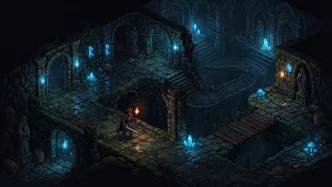 Un aventurier explorant un donjon isométrique pour illustrer la présentation du jeu Dimraeth sur PC.