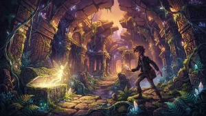 Un aventurier explore un temple mystique pour le jeu Draco and the Seven Scales.
