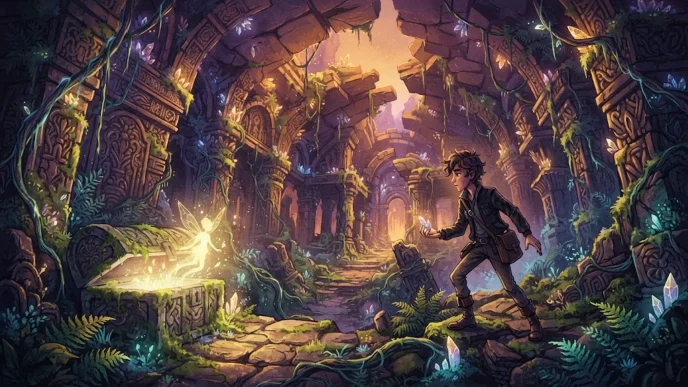 Un aventurier explore un temple mystique pour le jeu Draco and the Seven Scales.