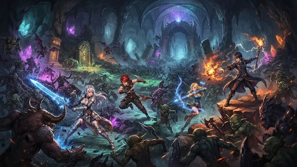 Un groupe de personnages combat des vagues de monstres pour illustrer Dungeon Brawls sur PC.