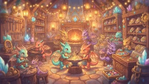 De mignons dragons artisans dans une boutique pour le jeu Flamecraft sur PC.