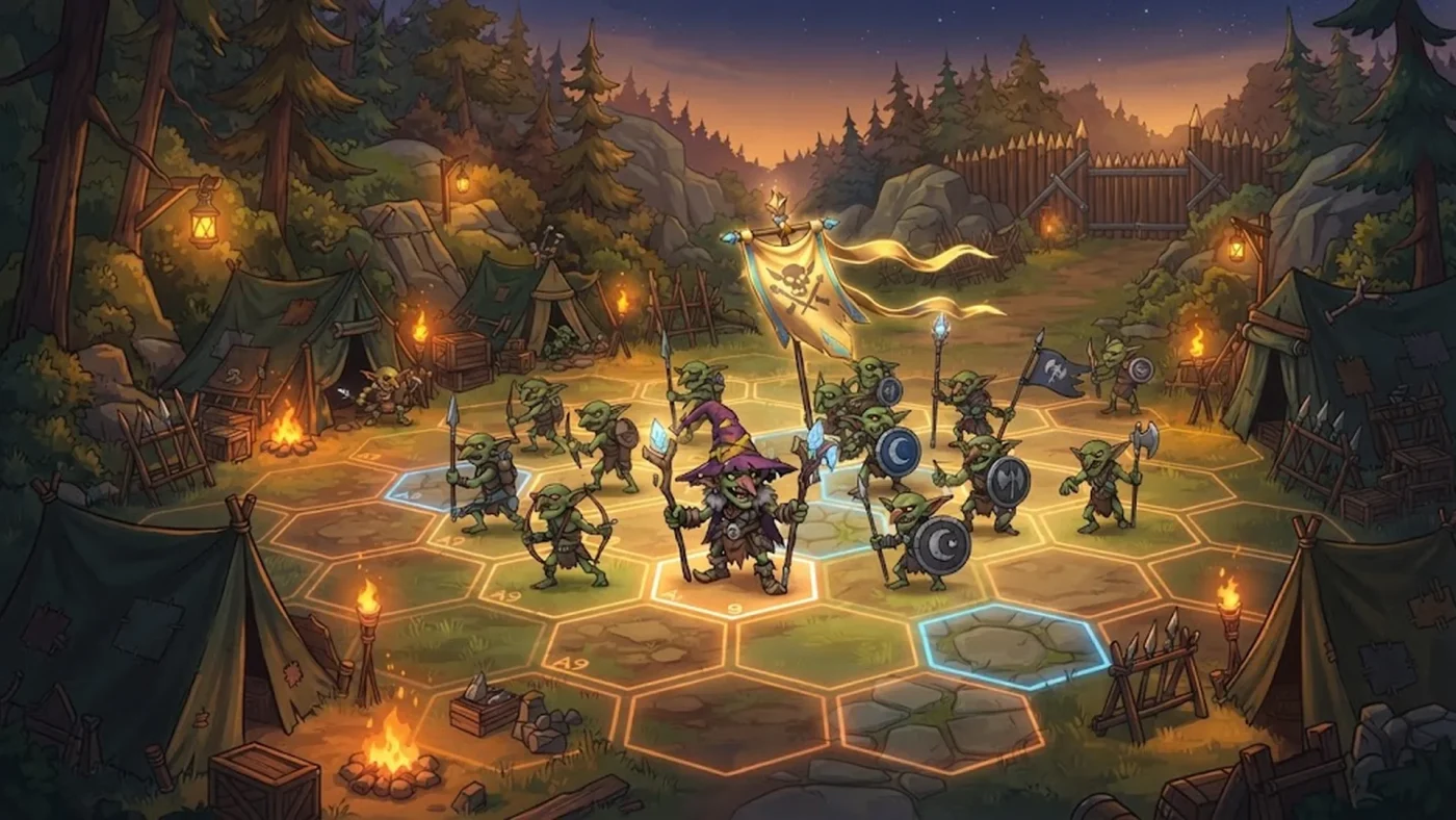 Une armée de gobelins sur une grille hexagonale tactique dans le jeu Goblins Can Conquer.