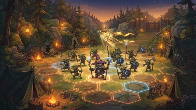 Une armée de gobelins sur une grille hexagonale tactique dans le jeu Goblins Can Conquer.