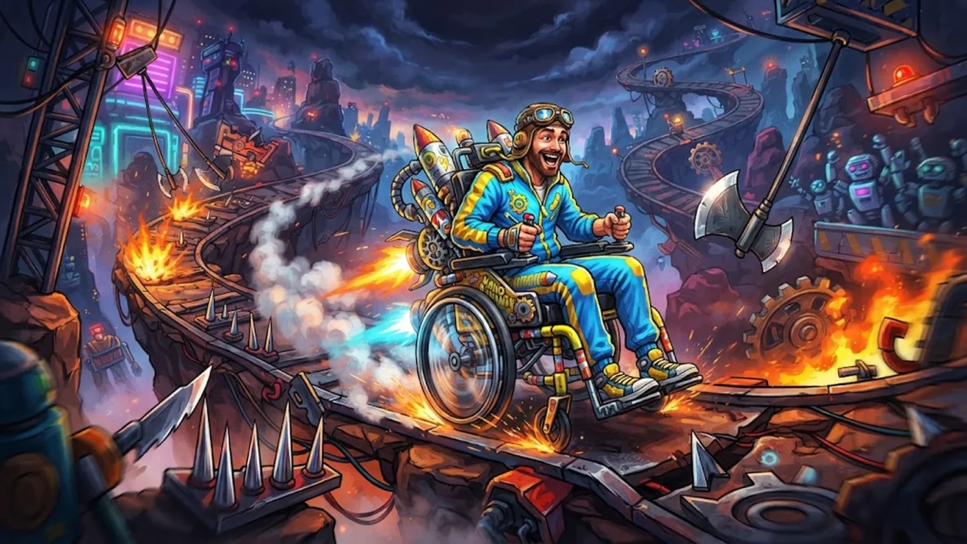 Un personnage sur un vehicule naviguant dans un parcours d obstacles pour illustrer Happy Wheels.