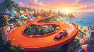 Une petite voiture miniature sur une piste géante pour illustrer le test du jeu HOT WHEELS Infinite Rush sur PC.