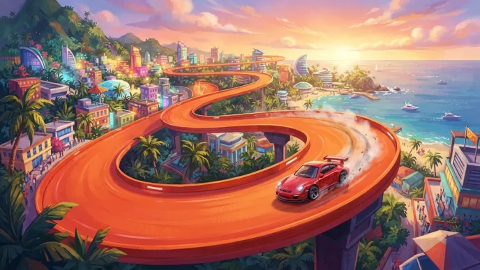 Une petite voiture miniature sur une piste géante pour illustrer le test du jeu HOT WHEELS Infinite Rush sur PC.