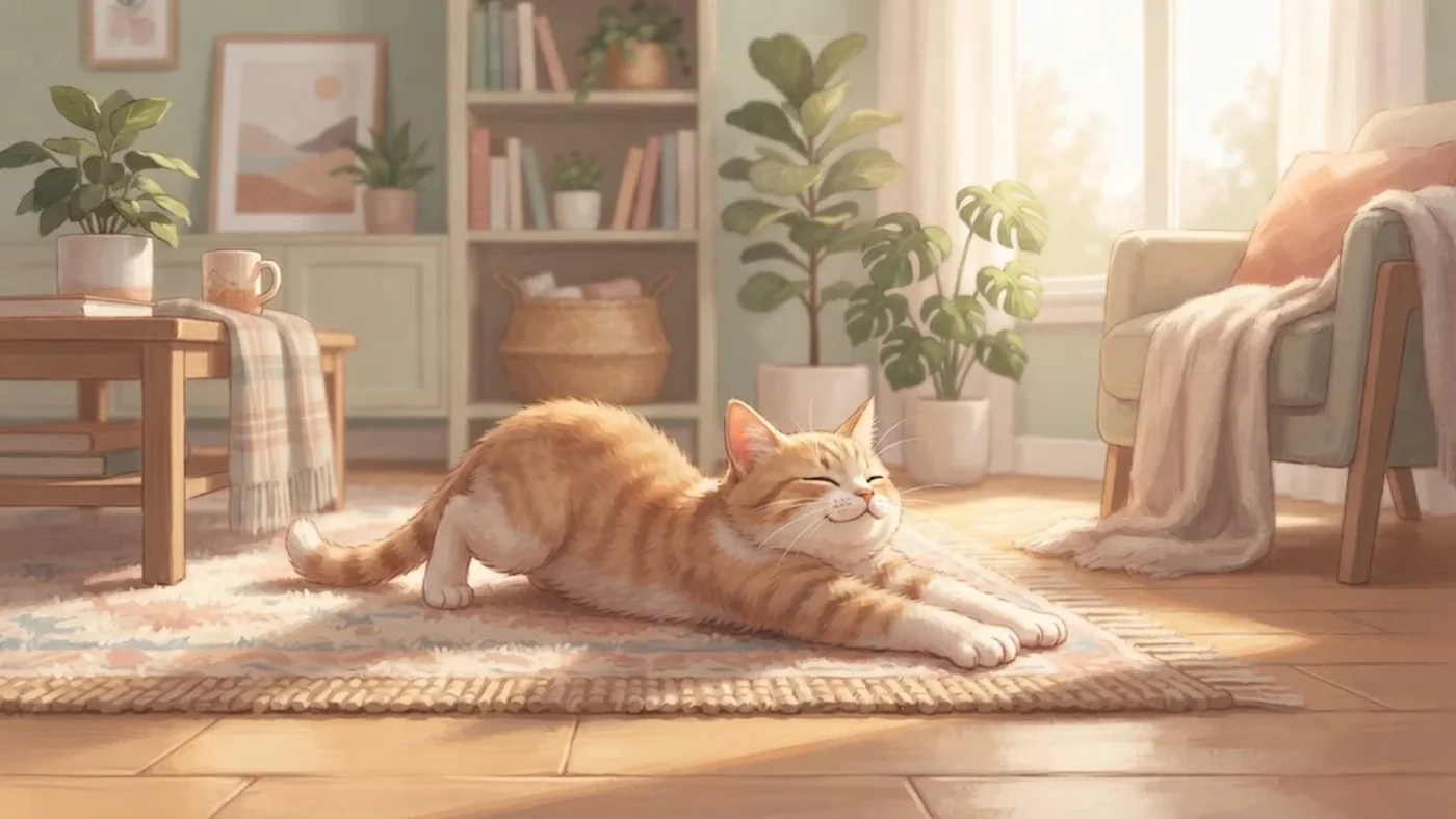 Un chat mignon dans un salon pour illustrer le test et les avis du jeu Idle Kitty sur PC.