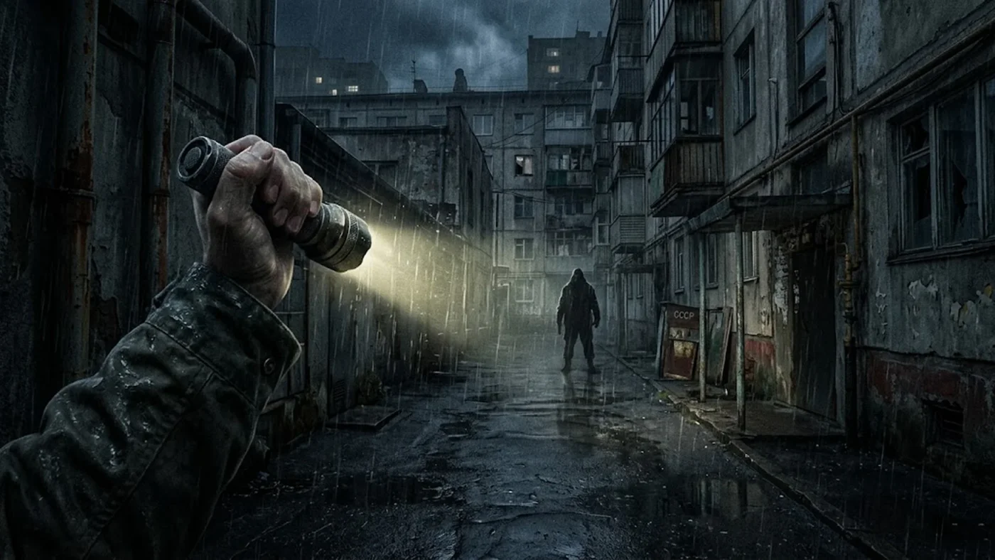 Exploration nocturne sous la pluie dans le jeu Iron Blight avec une lampe torche dans une ville en ruines.